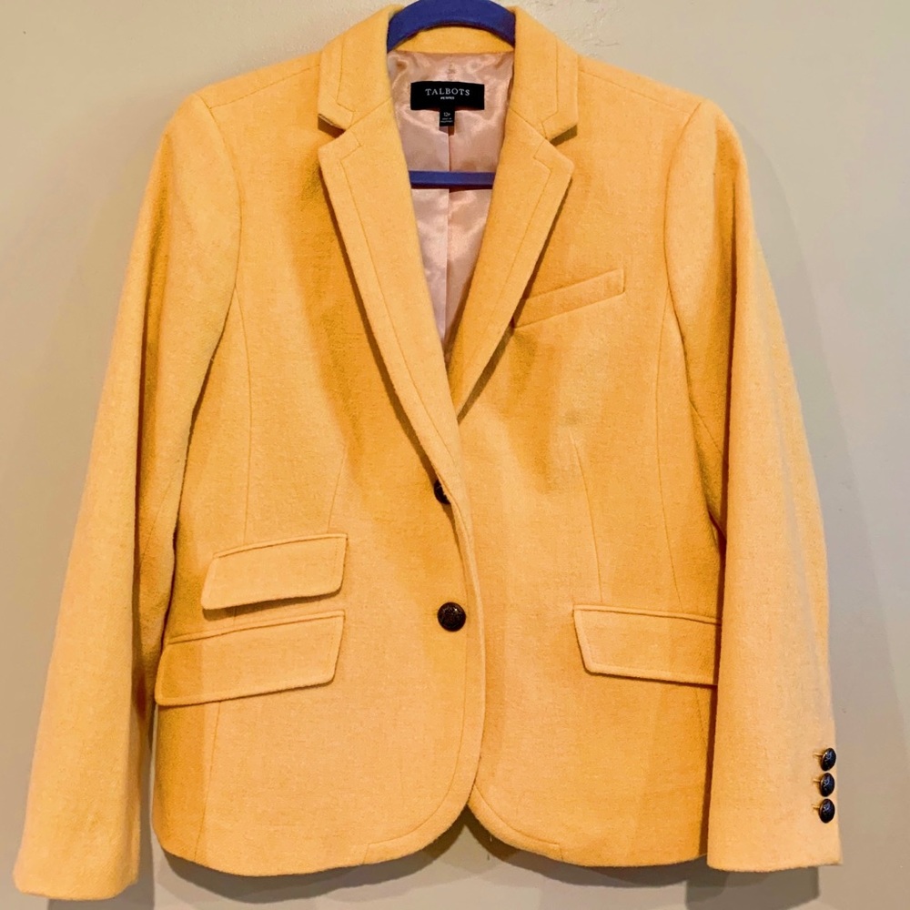 Talbots Gold Yellow Lined Buttoned Wool Shetland Blazer Size 12 Petite